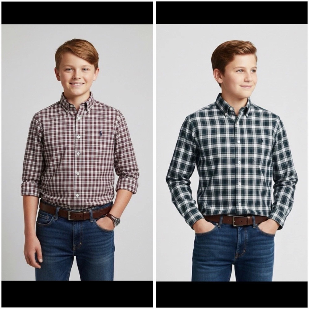 Lot Of 2 Ralph Lauren Boys Large 14-16‎ Button-Down Plaid Red Blue Shirts Pony